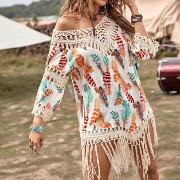 undefined Tops - Boho Tribal Feather Print Fringe Detail TOp